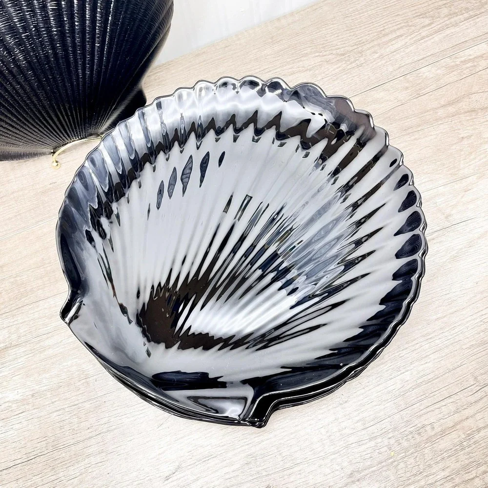 Vintage Arcoroc France Black Glass Seashell Plates Tableware Set of 6